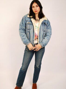 80s Denim Shearling Jacket (M) medium jean vintage warm coat indie comfy winter
